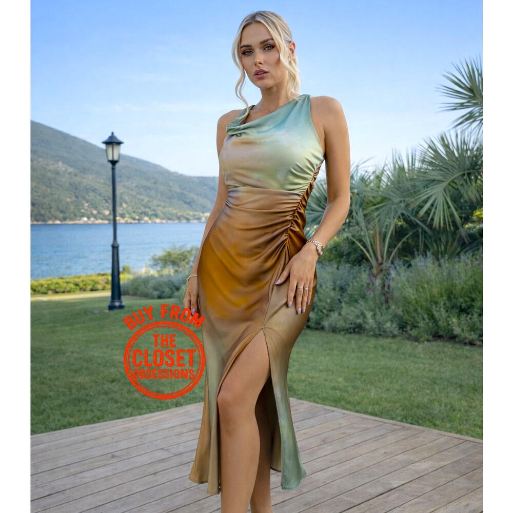ZARA Draped Neckline Ruched Midi Dress NWT